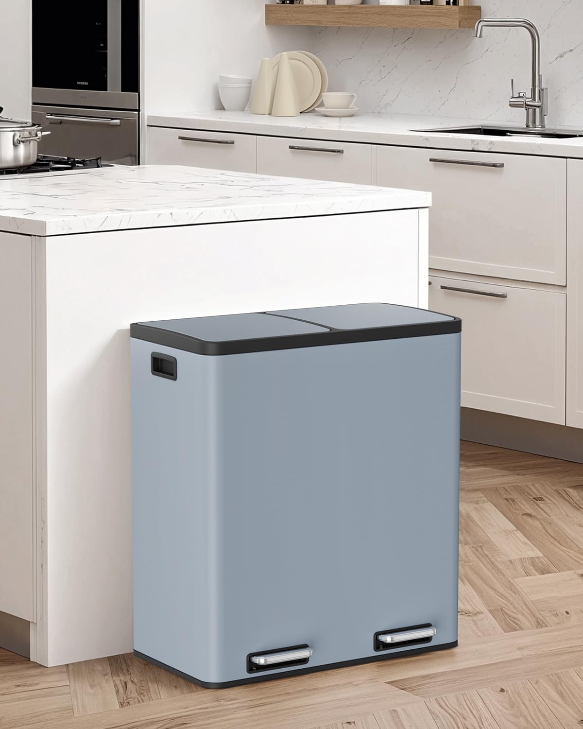 Arlopu Dual Trash Can, 2 x 8 Gallon (2 x 30 L) Hands-Free Trash and Recycle Bin Combo, Stainless Steel Kitchen Garbage Can with Soft-Close Lid, Removable Inner Buckets, Step Pedal, Airtight (Black)