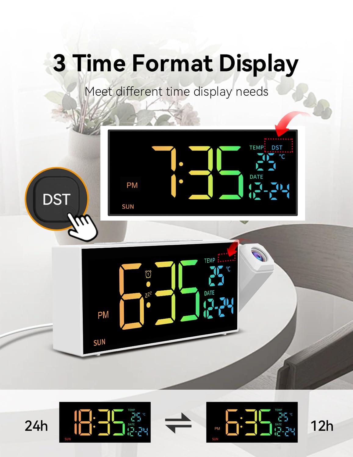 Netzu Projection Clock for Bedroom Ceiling, Alarm Clocks with 180° Rotatable Projector, Date Temperature and Weekday, Manual DST, 5 Brightness, 10 Ringtones, 4 Volumes and Snooze (Black)