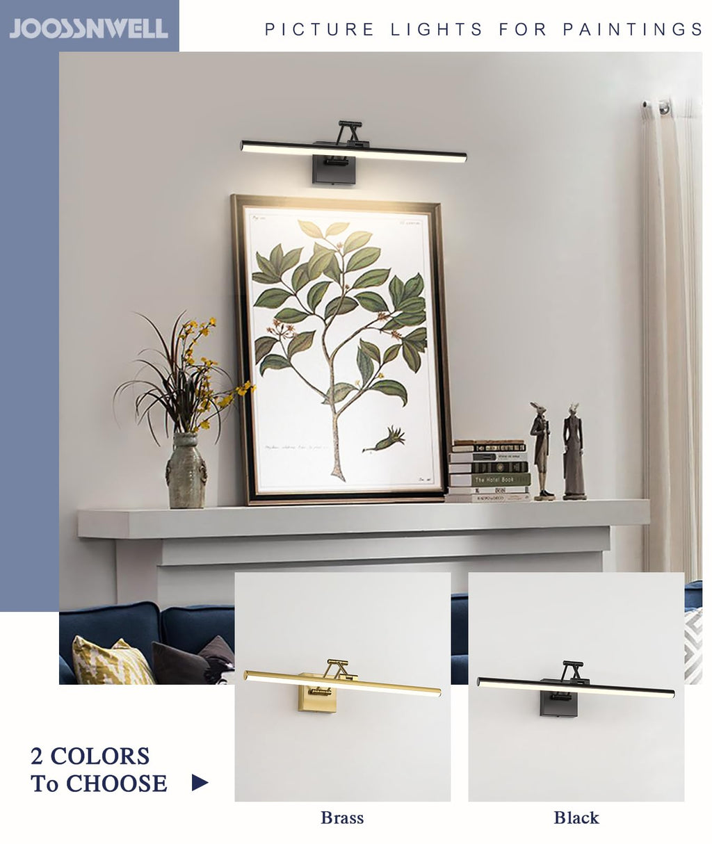 Joossnwell LED Picture Lights for Paintings Dimmable 15.5 Inch Long Hard-Wired Picture Frame Lights Brass Gallery Wall Light with Adjustable Swing Arm Art Display Lamps 7W 3000K Warm White