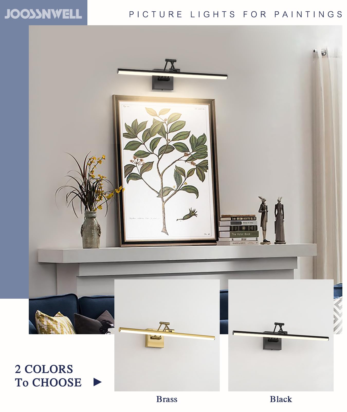 Joossnwell LED Picture Lights for Paintings Dimmable 15.5 Inch Long Hard-Wired Picture Frame Lights Brass Gallery Wall Light with Adjustable Swing Arm Art Display Lamps 7W 3000K Warm White