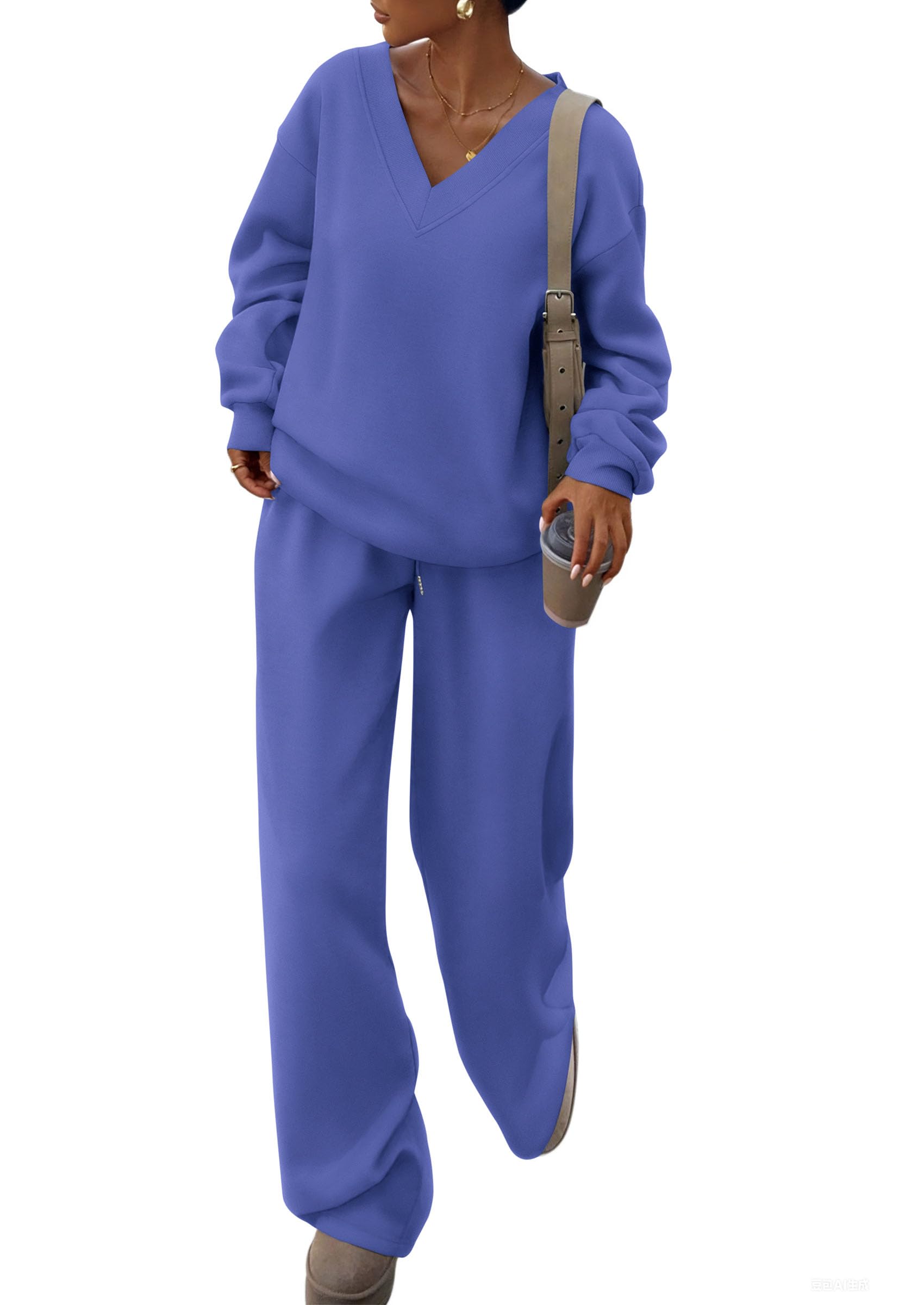 PRETTYGARDEN Casual Winter Two Piece Sets for Women 2026 V Neck Sweatshirt Loose Wide Leg Pants Tracksuit Knit Fall Outfits