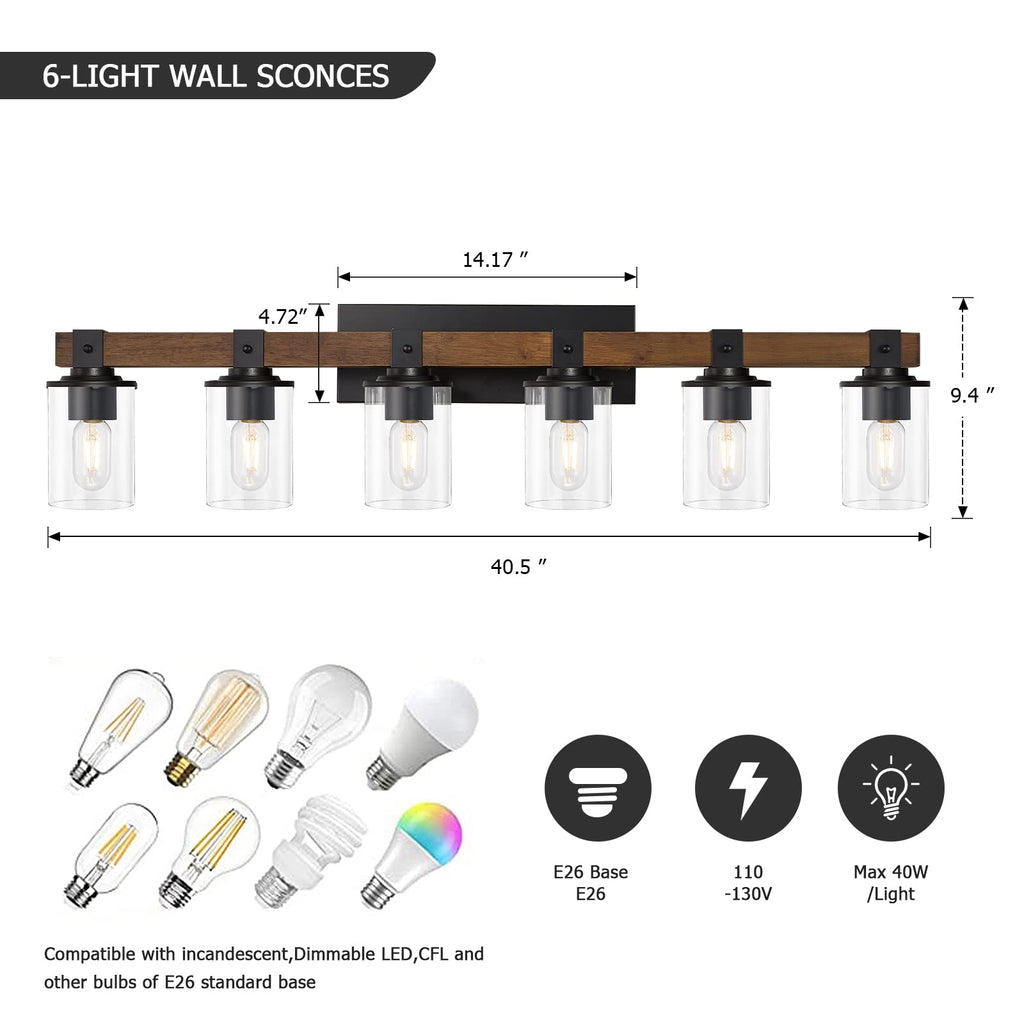 DUJAHMLAND Farmhouse Vanity Light Fixture,3-Light Bathroom Wood Wall Light Over Mirror with Clear Glass Shade, Rustic Vintage Wall Sconce Lighting.(Antique Wood, 3-Light)
