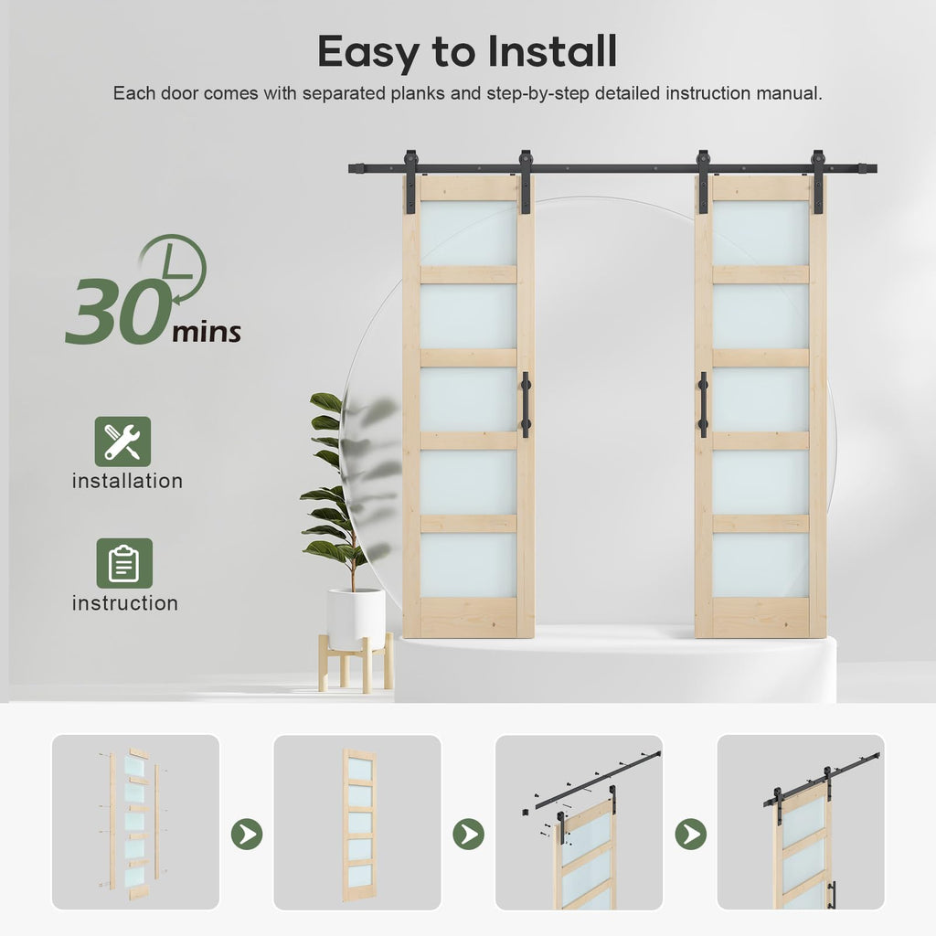 Double 18×84 inch Glass Sliding Barn Door Slab with 6.6ft Hardware Kit Included, 5-Panel Frosted Glass, Spruce Wood Support DIY Dyeing, Easy Assembly