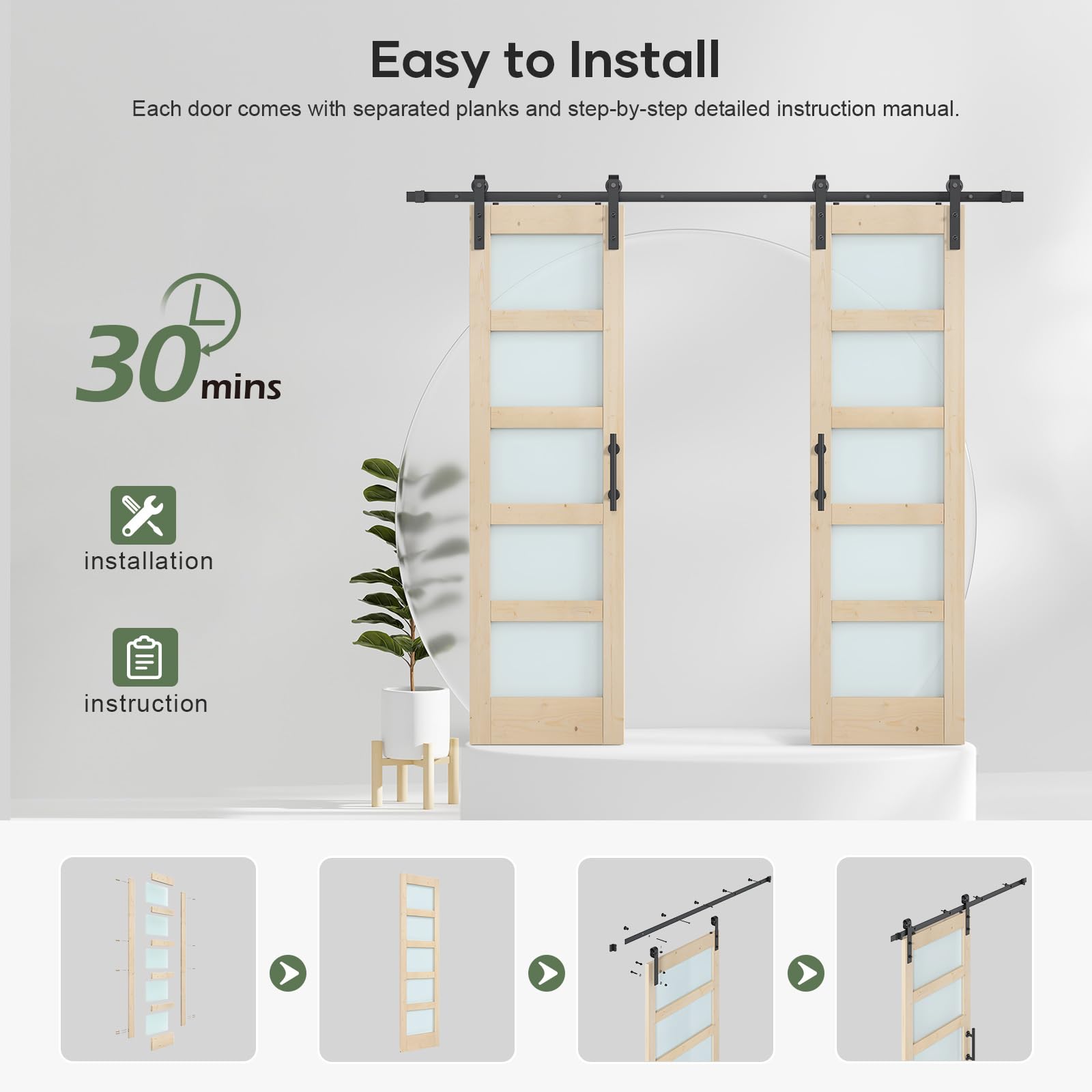 Double 18×84 inch Glass Sliding Barn Door Slab with 6.6ft Hardware Kit Included, 5-Panel Frosted Glass, Spruce Wood Support DIY Dyeing, Easy Assembly