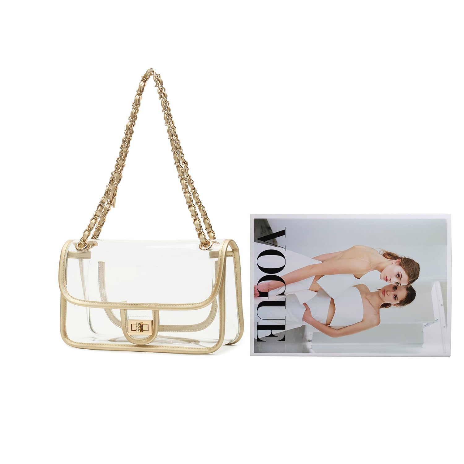 Womens PVC Clear Purse Handbag with Chain Stadium Approved Clear Bag See Through Bag for Working and Concert