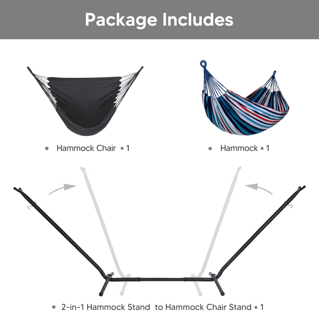 SUNCREAT 2-in-1 Convertible Free Standing Hammock with Stand Included, Camping Backyard Hammock with Stand, Patented, Blue & White Stripe