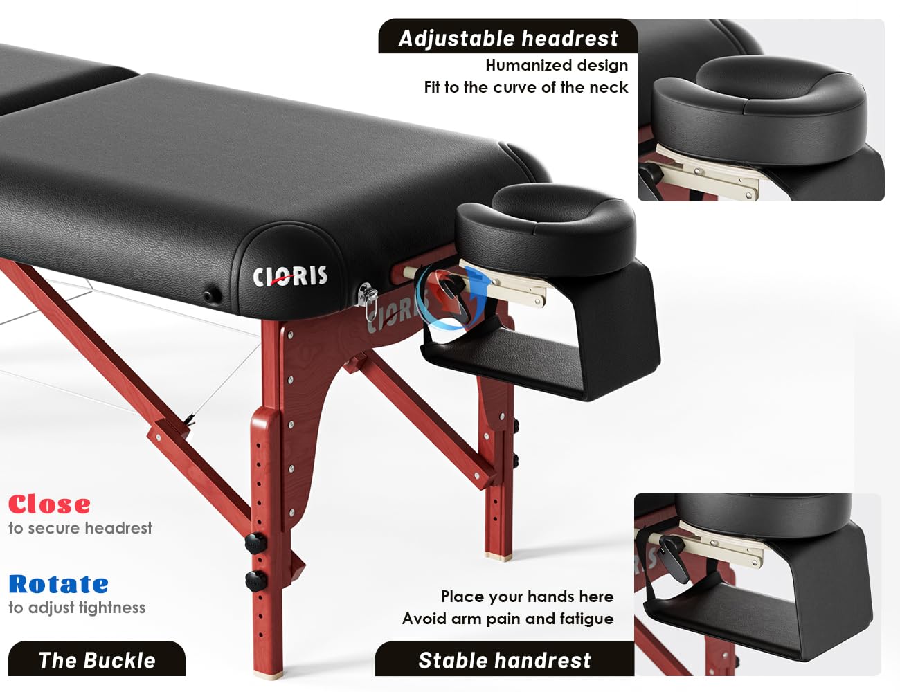 CLORIS 84" Professional Massage Table Portable Reinforced Wooden Leg 2 Folding Lightweight Spa Salon Tattoo Massage Bed Height Adjustable Hold Up to 1100LBS with Carrying Bag Black