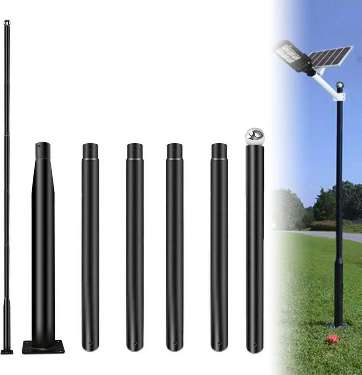 Outdoor Light Pole with Fillable Base, 8ft Cast Iron Lamp Post, 5-Section Heavy Duty Adjustable Pole for Garden, Yard, Pathway & Parking Lot, Portable Sand/Water Box Street Light Stand