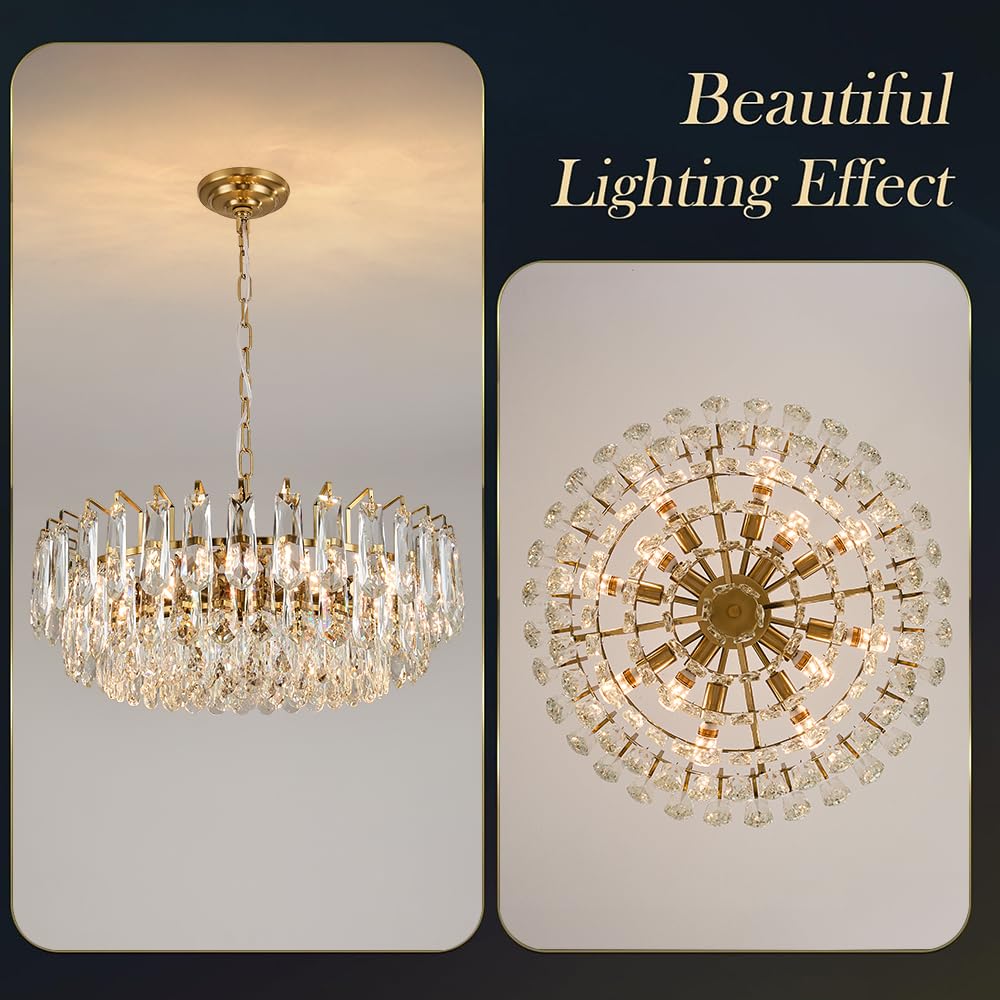 23.6" Modern Crystal Chandelier with Grey Crystal Gold 3-Tier Luxury Pendant Light 12-Light Ceiling Pendant Lighting for Dinning Room Living Room Foyer