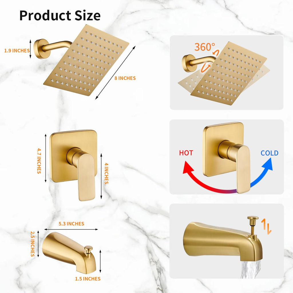 Gold Brushed Tub Shower Faucet Set With 8" Shower Head & Spout