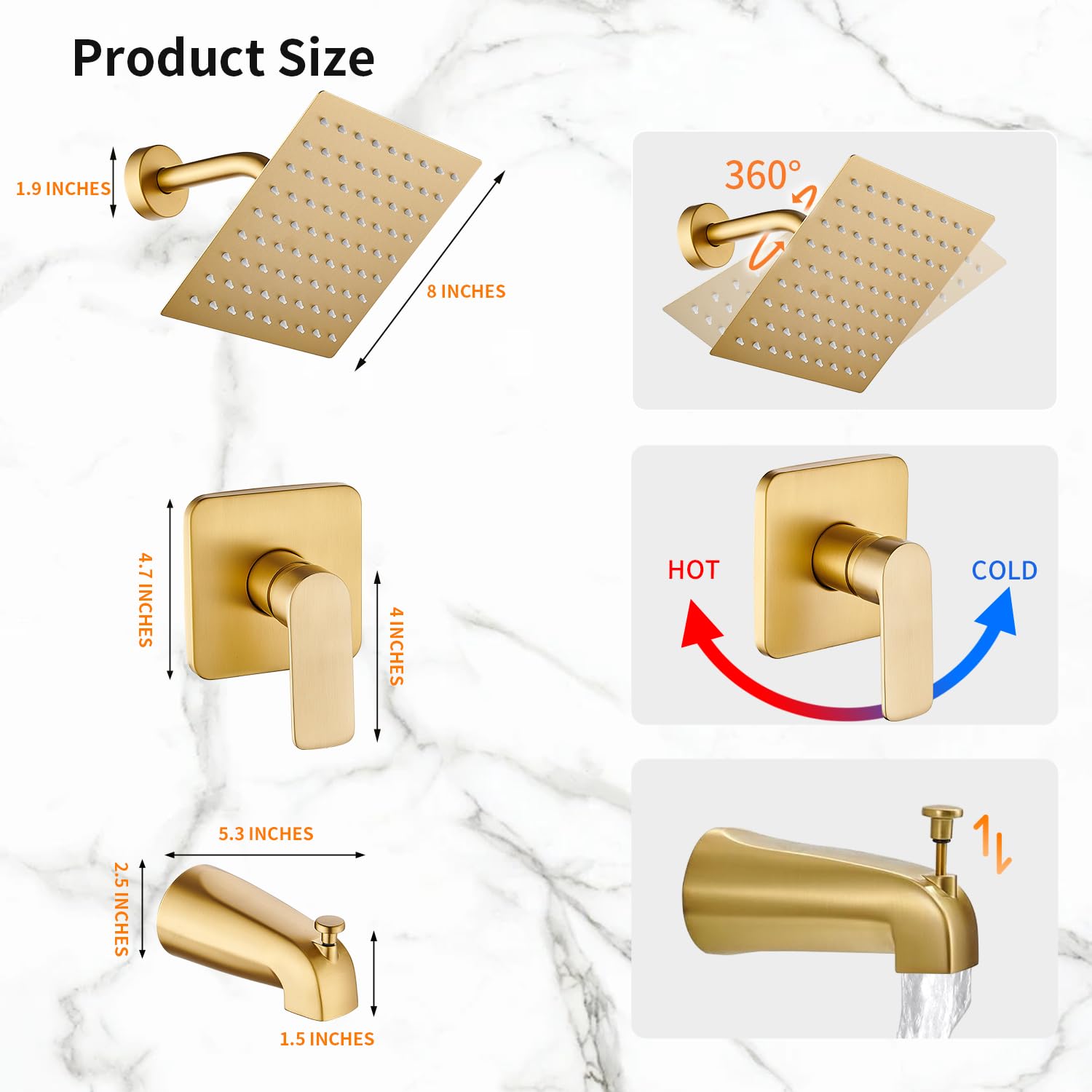 Gold Brushed Tub Shower Faucet Set With 8" Shower Head & Spout