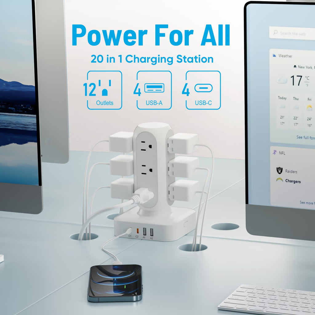 Flat Plug Power Strip Tower, TenTrend Dual PD 20W USB-C Charger Tower with 12 AC Outlets & 8 USB Ports (4 USB C), 40W Total Fast Charging Station, 10FT Extension Cord for Desk Office Dorm Room