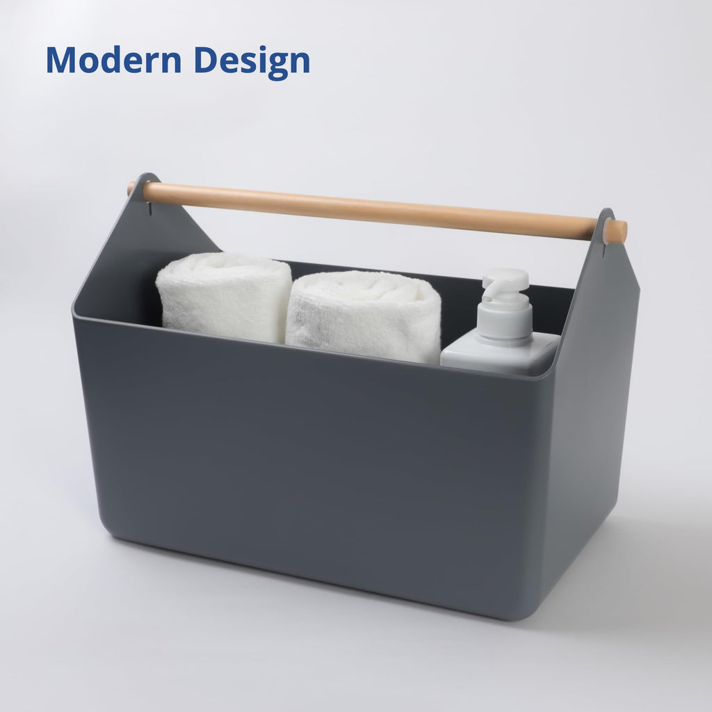 BLUE GINKGO Medium Storage Basket – Plastic Caddy with Wooden Handle for Office, Arts & Crafts, or Home Supplies (Green)
