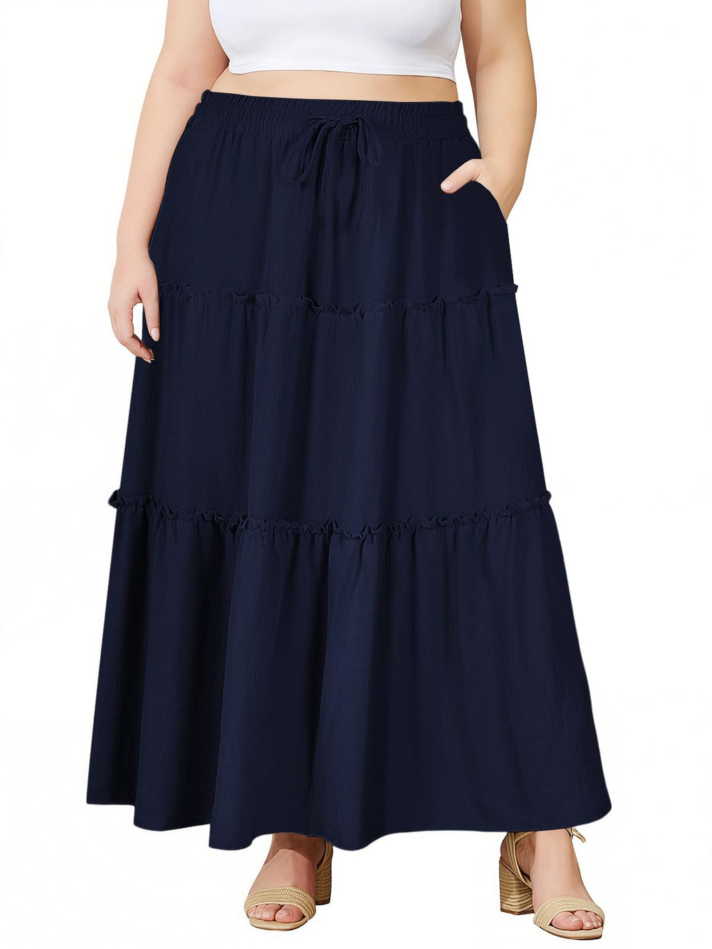 Moon Wood Plus Size Maxi Skirts for Women Trendy Long Flowy Boho Tiered Skirt Renaissance Summer Beach Skirt with Pockets