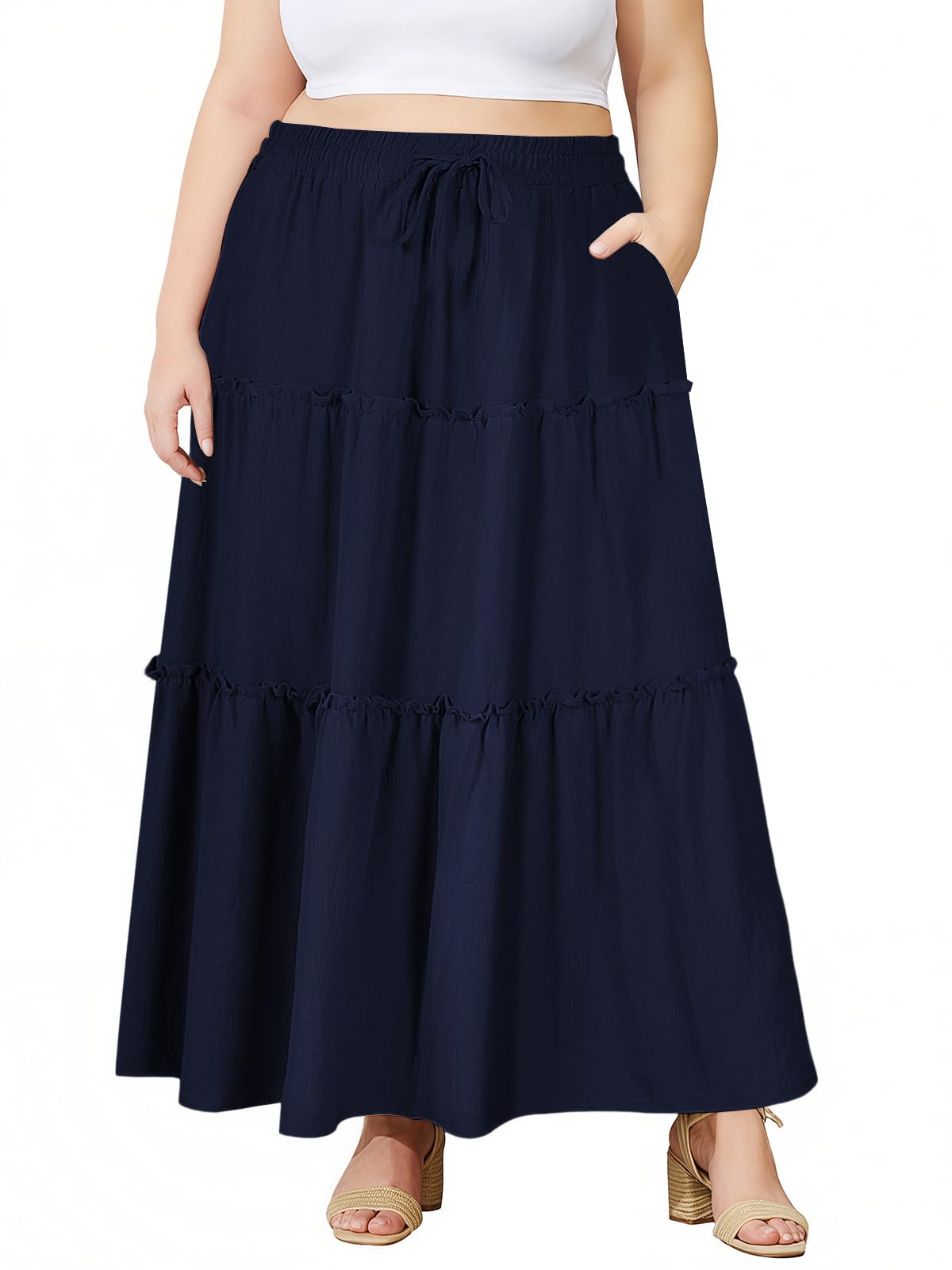 Moon Wood Plus Size Maxi Skirts for Women Trendy Long Flowy Boho Tiered Skirt Renaissance Summer Beach Skirt with Pockets