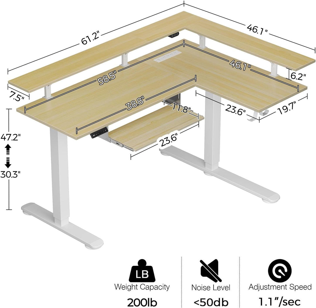 Rolanstar L Shaped Standing Desk with Keyboard Tray, Height Adjustable Corner Desk with LED Light & Power Outlet, Electric Sit Stand Computer Desk with Monitor Stand, Beige