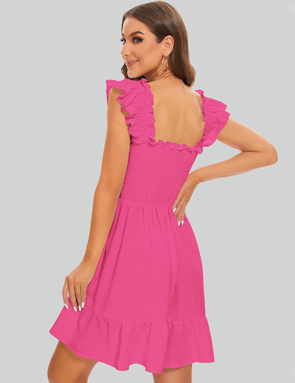 ROYLAMP Women's Smocked Dresses Square Neck Elegant Tiered Boho Ruffle Shoulder Swing Flowy Summer Casual Mini Dress