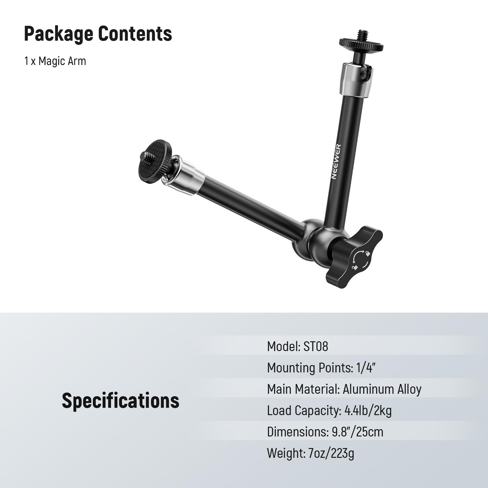 NEEWER 5.9"/15cm Adjustable Friction Magic Arm with 1/4" Screw on Both Ends, Compatible with SmallRig Cage, Flash/LED Light/Microphone/Monitor/SuperClip, Max Load 4.4lb/2kg, ST15