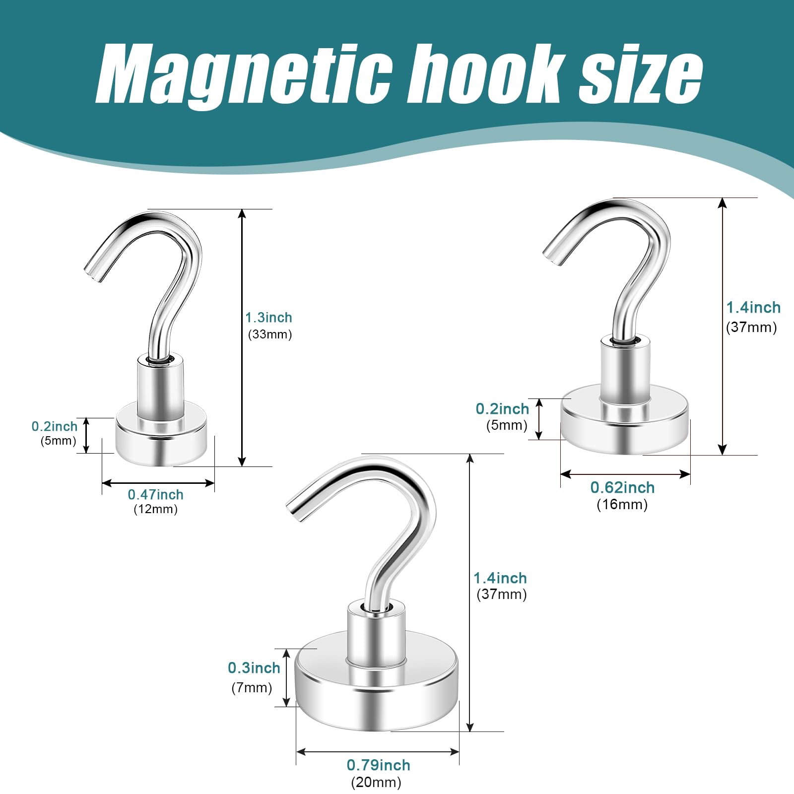 MAGXCENE 50 Pcs Magnetic Hooks Heavy Duty, 3 Different Size Strong Rare Earth Magnet Hooks for Hanging, Refrigerator, Neodymium Magnets with Hooks for Grill Kitchen Tool Storage