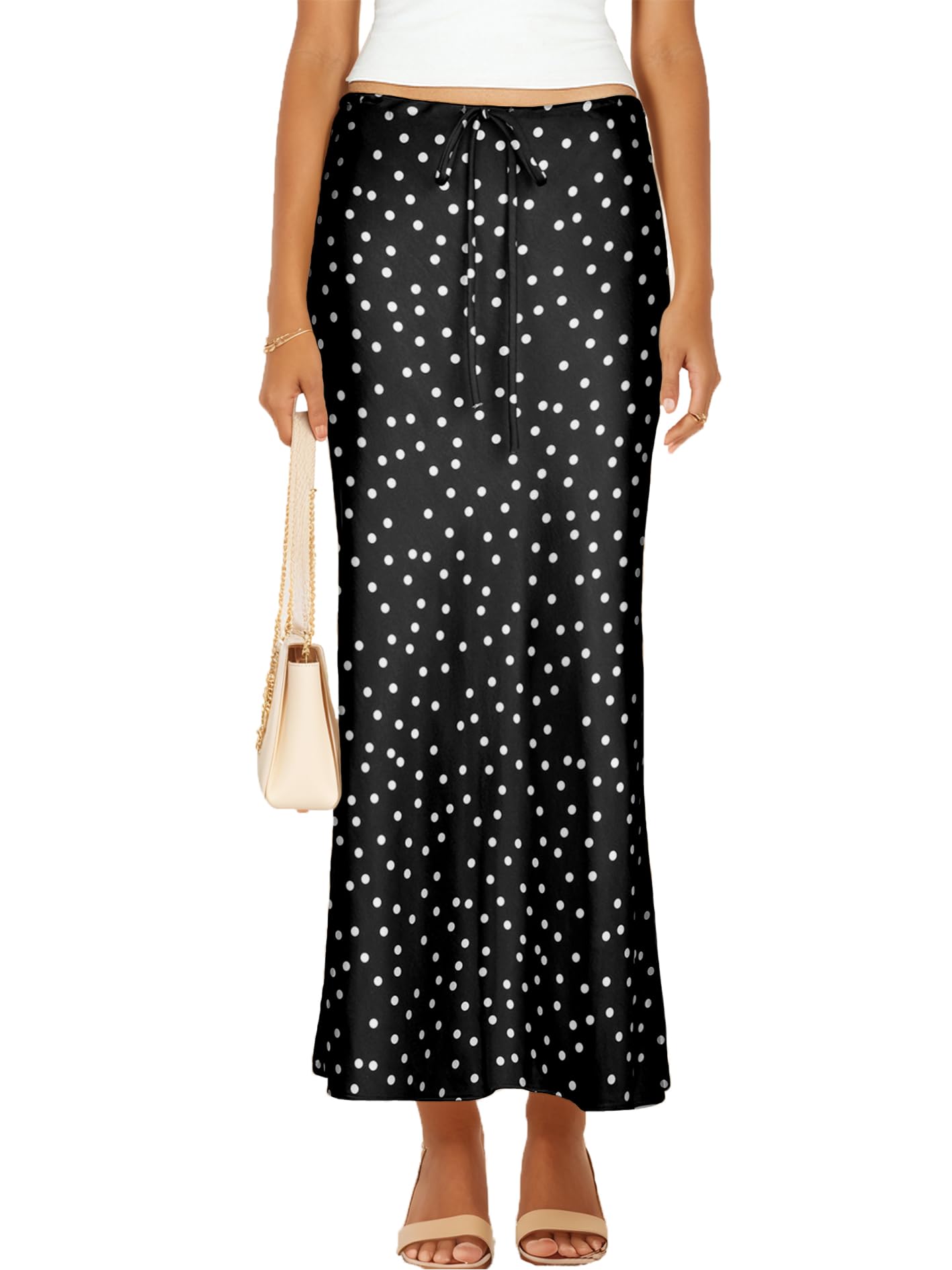 Womens Satin Silk Maxi Skirts Drawstring Flared Casual A-Line Long Skirt for Women