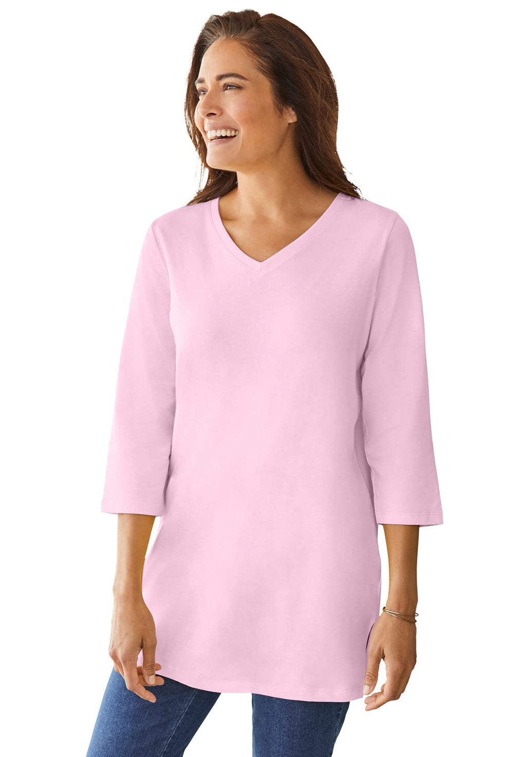 Woman Within Plus Size Perfect Three-Quarter Sleeve V-Neck Tunic