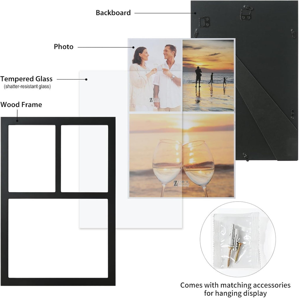 4x6 2-Opening Collage Frame Black Wood | Two 4x6 openings, shatter-resistant glass, tabletop & wall mount