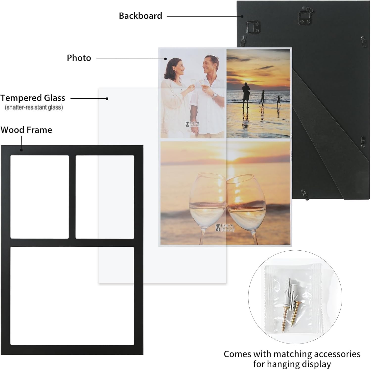 4x6 2-Opening Collage Frame Black Wood | Two 4x6 openings, shatter-resistant glass, tabletop & wall mount