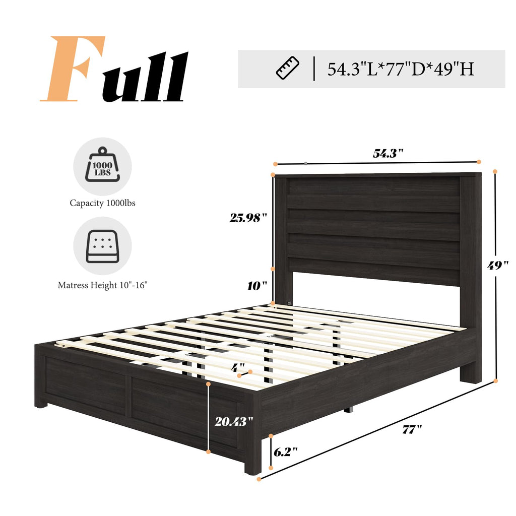 AMERLIFE Farmhouse Full Size Bed Frame with 49" Fluted Headboard, Wood Platform Bed with Natural Grain, No Box Spring Needed/Noise Free, Black