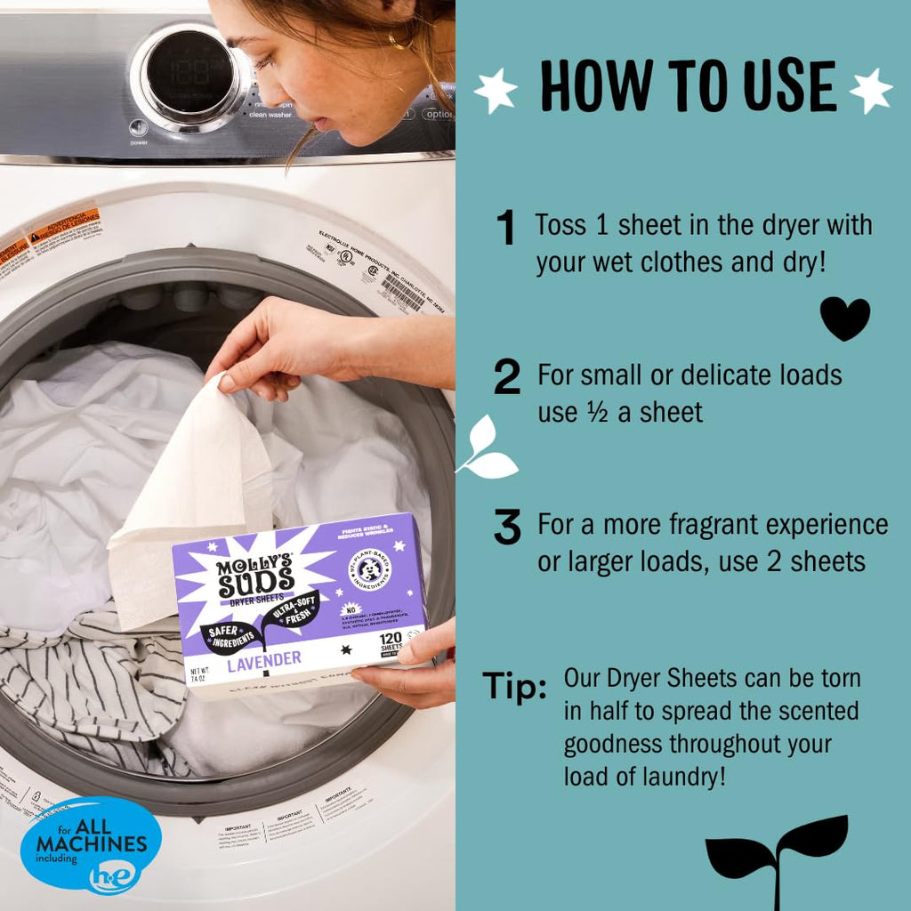Molly's Suds Fabric Softener Dryer Sheets for Sensitive Skin | Plant-Based Static Reducer, Plastic-Free Packaging | Lavender (120 Sheets)