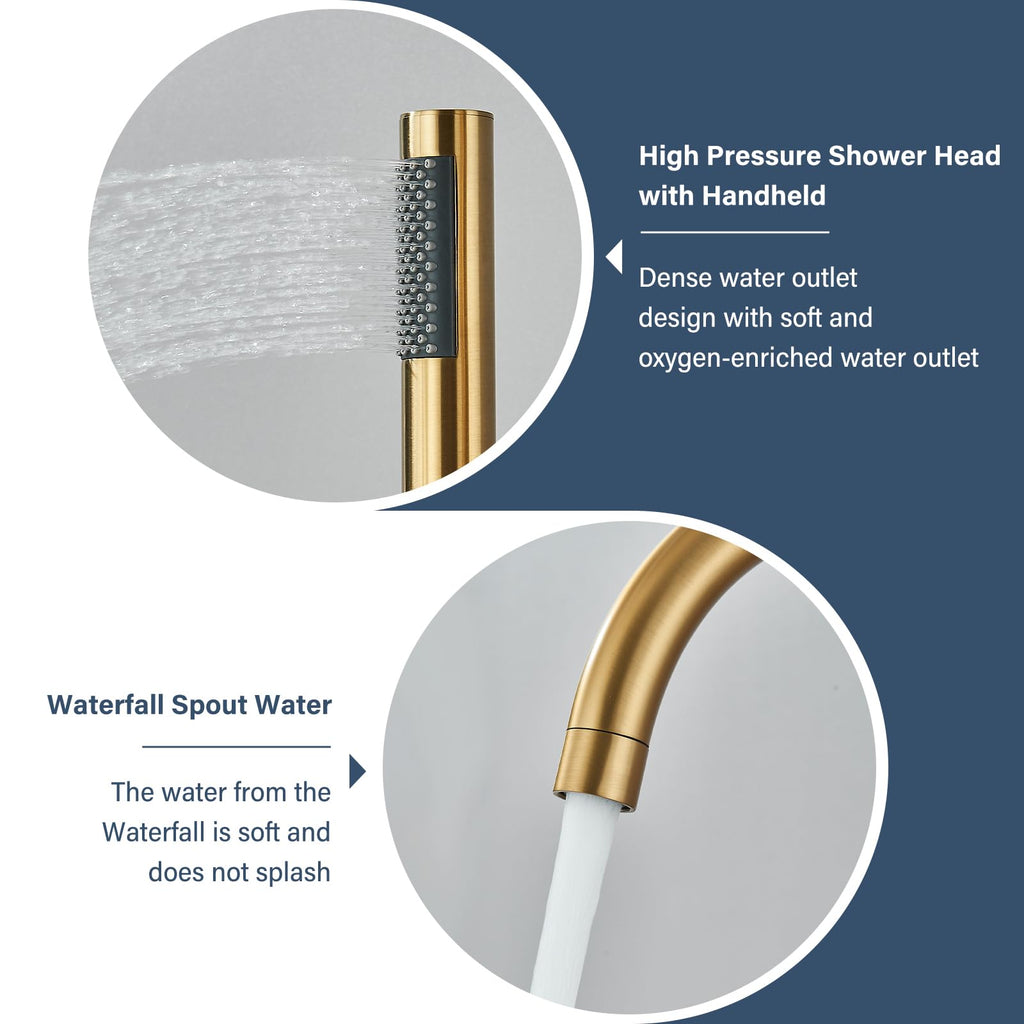 Brushed Gold Freestanding Bathtub Faucet with Hand Shower Tub Filler Faucet Floor Mounted High Flow Single Handle Bath Filler Solid Brass