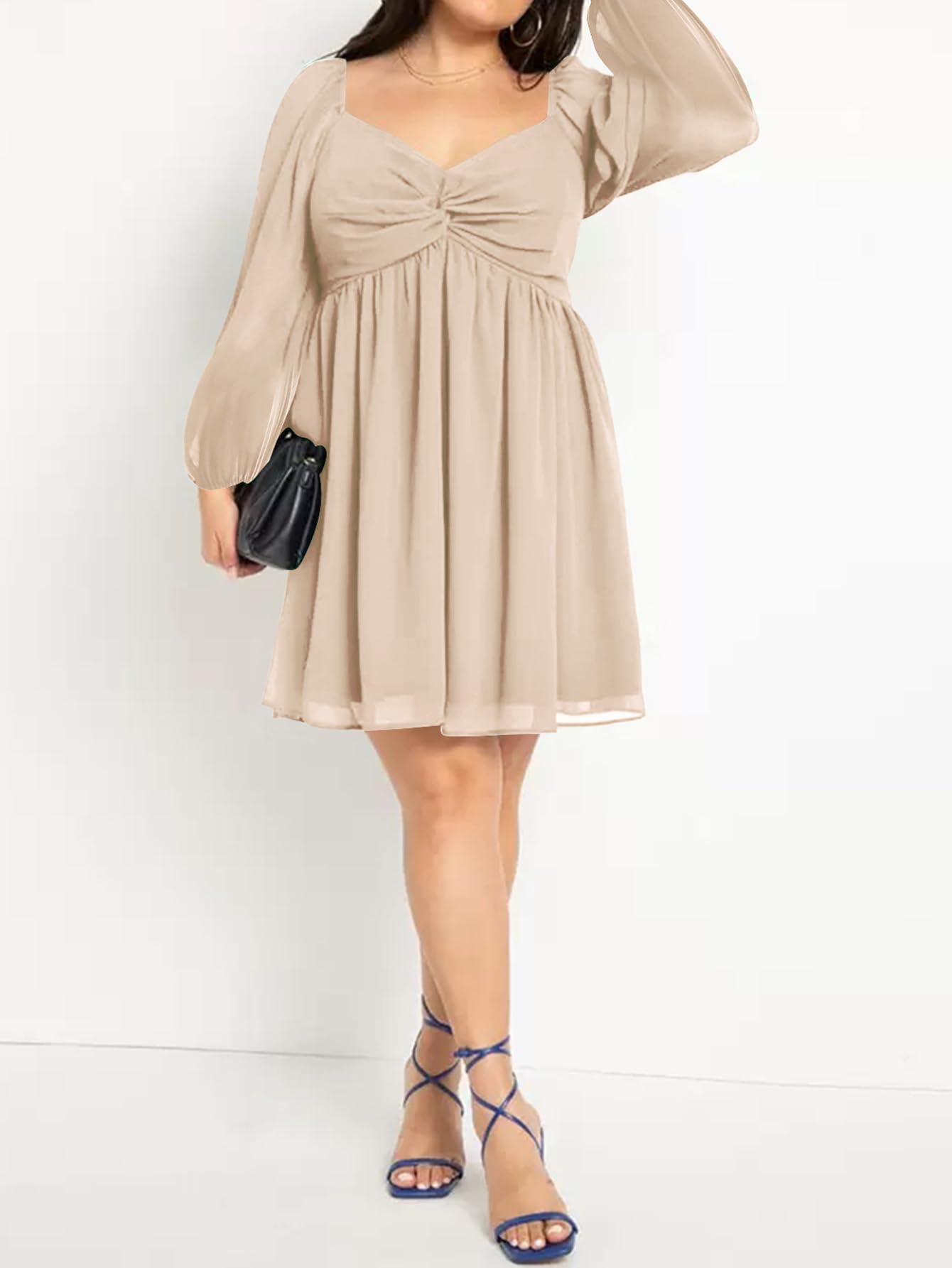 SCOMCHIC Women's Plus Size Puff Long Sleeve Dresses Sweetheart Neckline A Line Short Wedding Guest Cocktail Dress