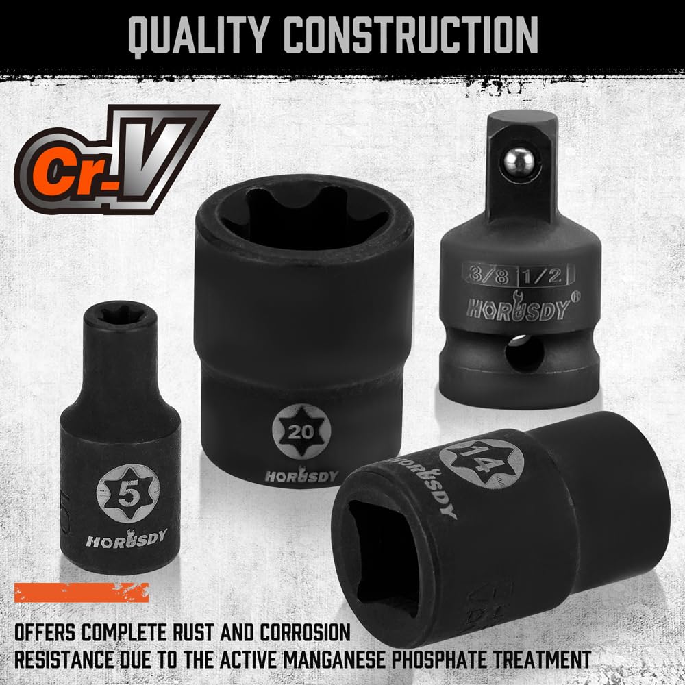 HORUSDY 1/2" Drive Shallow Impact Socket Set, 24-Piece SAE (7/16"-1") and Metric (13-24mm), 6 Point, Cr-V, Includes 1/2-Inch Drive Ratchet Handle, Drive Extension Bar