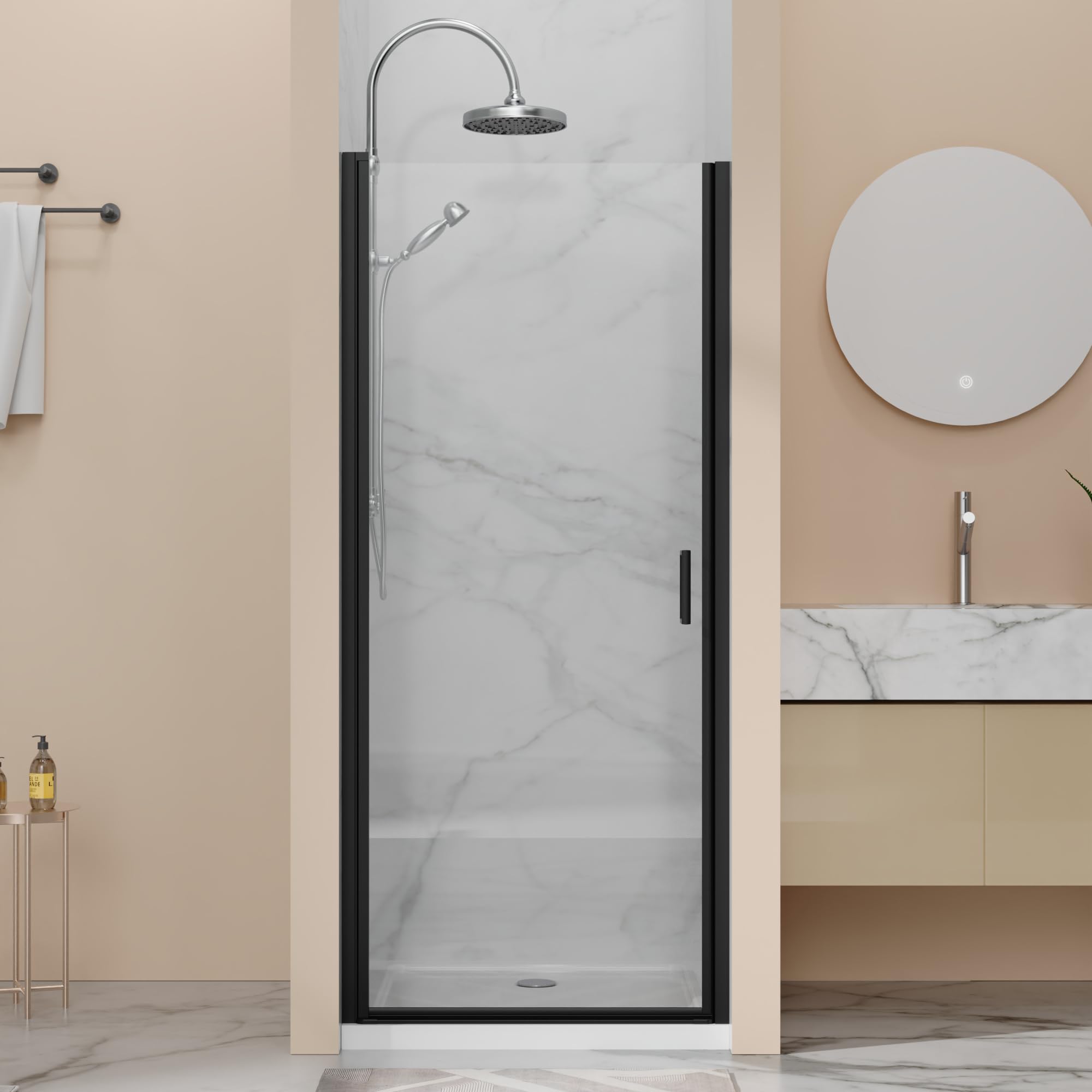 28” x 72” Pivot Shower Door, 1/4 inch Tempered Glass Panel Pivot Swing Shower Door in Matte Black Finish, Semi-Frameless Design