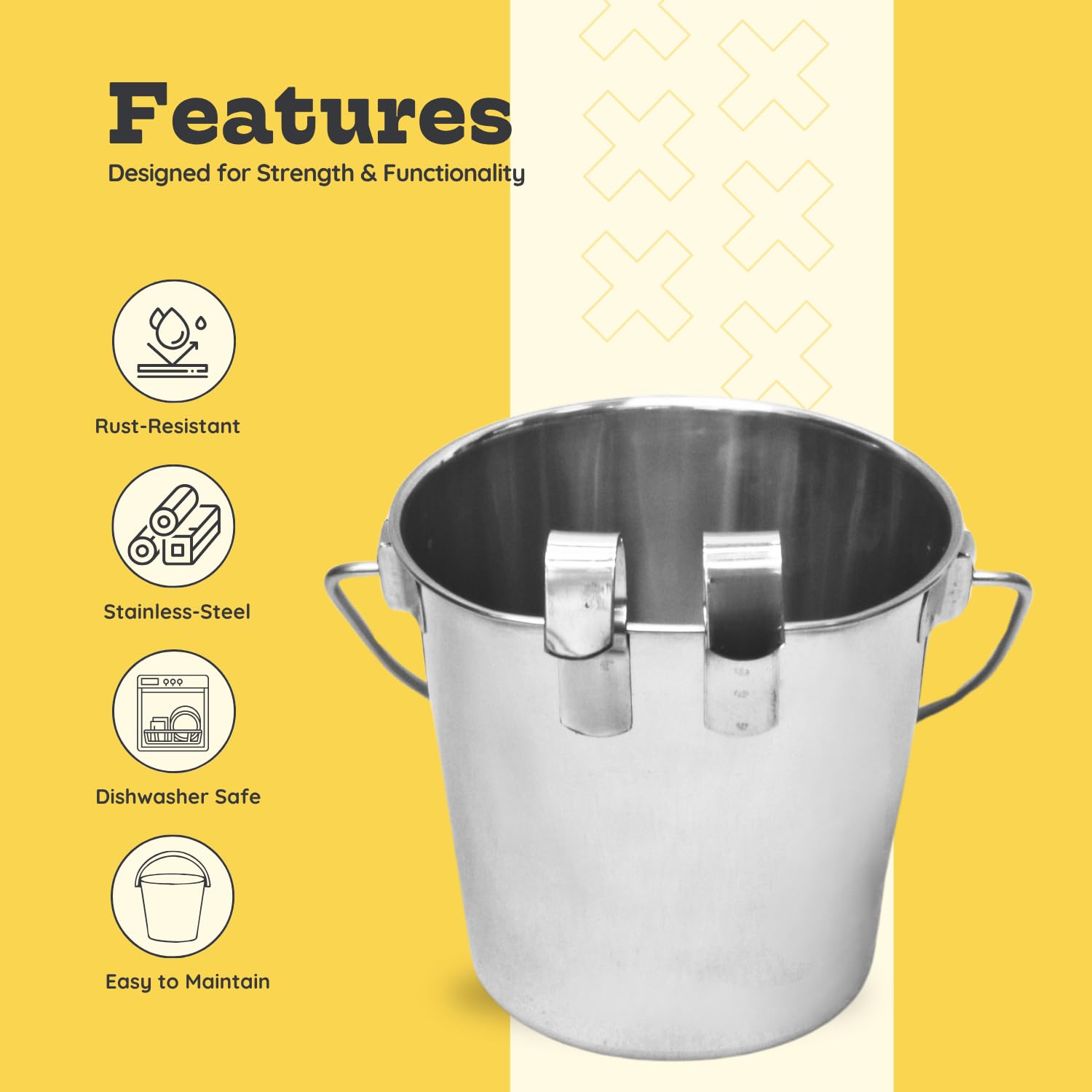 1 quart Stainless Steel Flat Sided Bucket with Dual Hooks | 0.25 gal Durable Food & Water Bowl for Dog Cat Bird & Small Animals | Fits kennel Cage Critter Crate | Hanging Utility Pet Pail