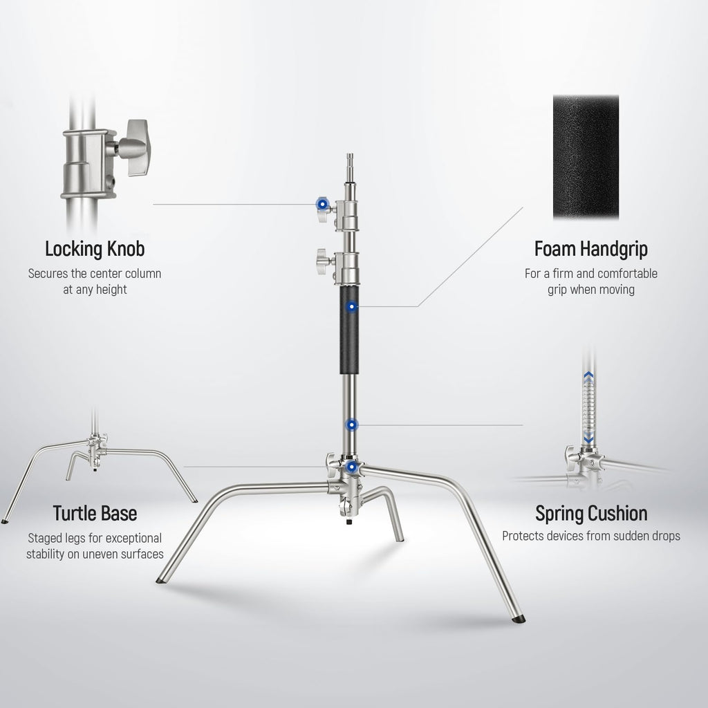 NEEWER Pro 100% Stainless Steel Heavy Duty C Stand with Boom Arm, Max Height 68"/172cm Photography Light Stand with 2.7ft/83cm Holding Arm, 2 Grip Head for Studio Monolight, Softbox, Reflector, SC172
