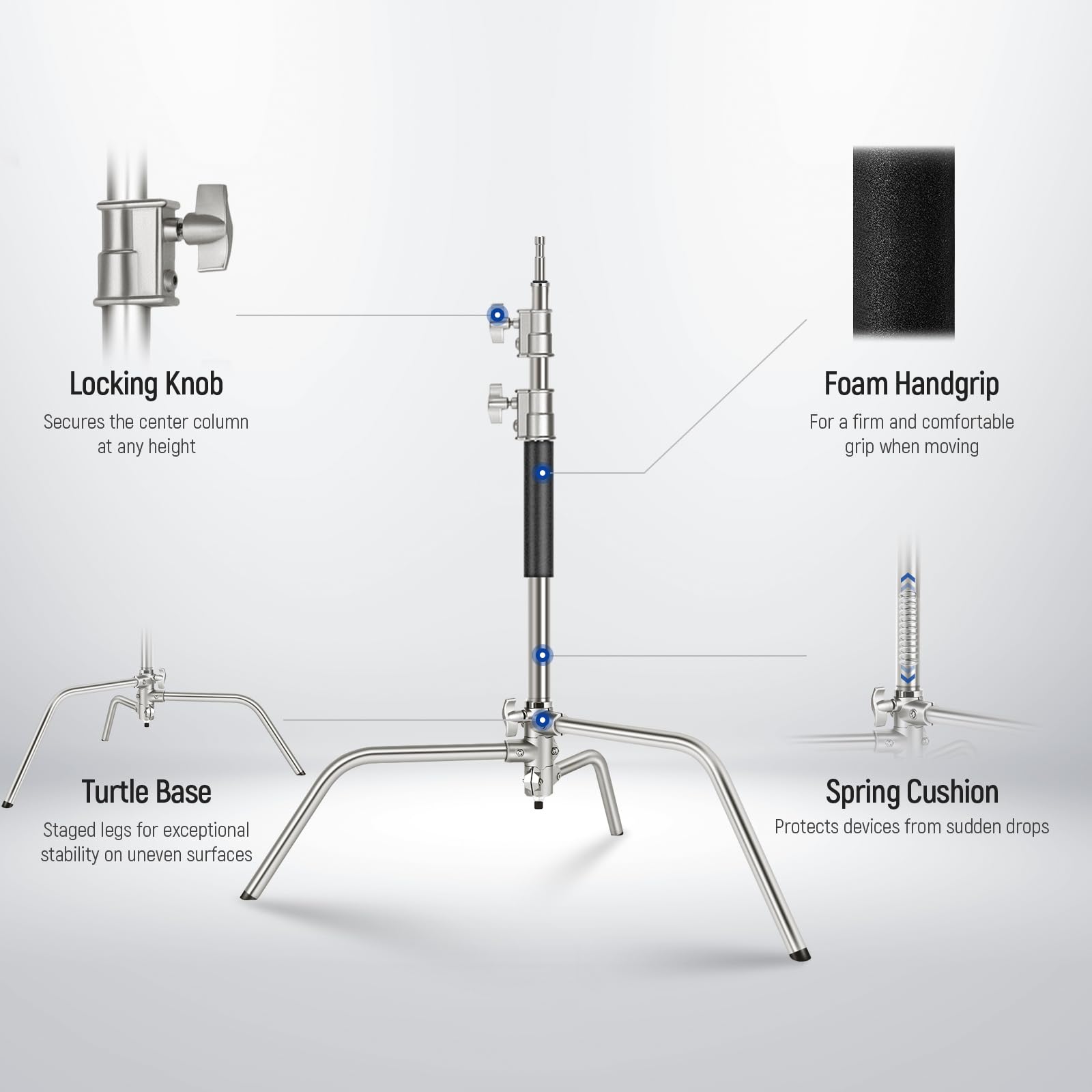 NEEWER Pro 100% Stainless Steel Heavy Duty C Stand with Boom Arm, Max Height 68"/172cm Photography Light Stand with 2.7ft/83cm Holding Arm, 2 Grip Head for Studio Monolight, Softbox, Reflector, SC172