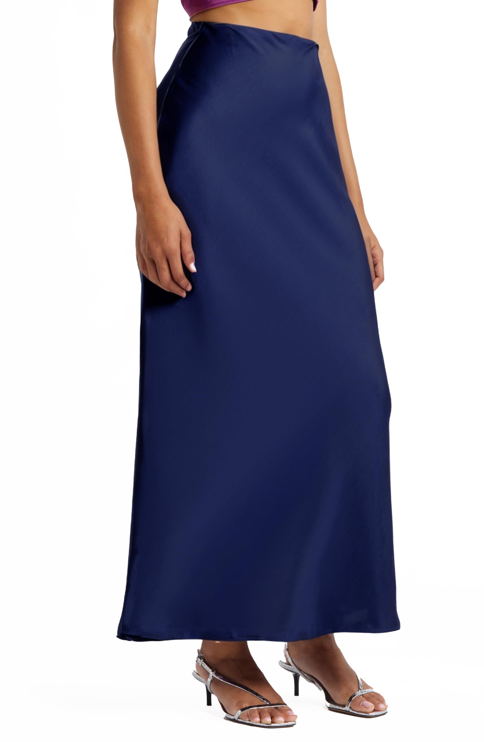 Women's Solid Satin High Waist Midi Long Skirt Hidden Elastic Waistband Skirt for Women-Made in USA