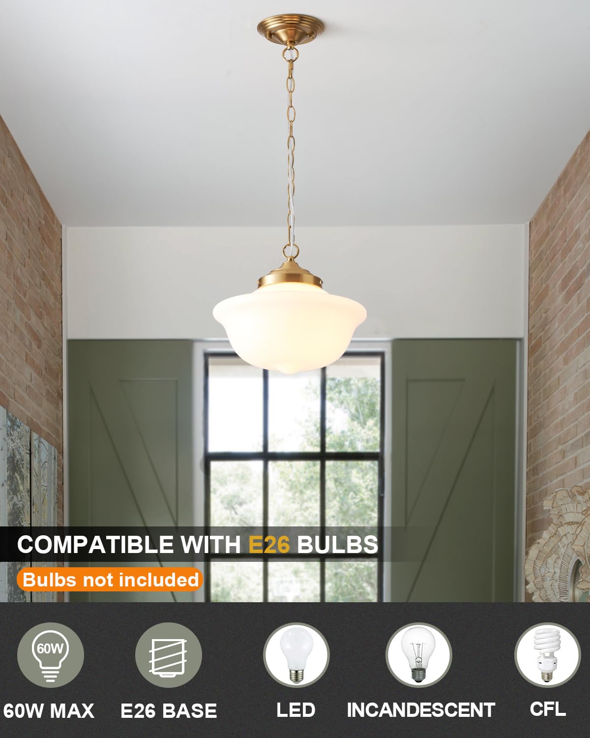 Schoolhouse Light Fixture, 12 Inch Black Finish with Milk Glass Semi Flush Mount Ceiling Light, Ceiling Light Fixture for Kitchen Hallway Entryway (Type C Pendant Light)