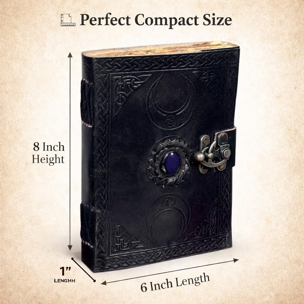 3 Moon Blue Lapis Embossed Vintage Leather Journal | 240 Pages of Antique Handmade Deckle Edge Vintage Paper, Leather Sketchbook, Drawing Journal, Great Gift (5 by 7 inch, black)