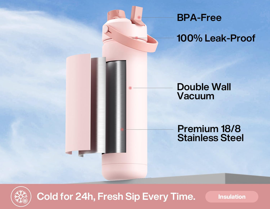 POWCAN 26 oz Insulated Water Bottle with 2-in-1 Straw and Spout Lid, Keep Cold 24H, Leak-Proof, Fits in Car Cup Holder, Stainless Steel Water Bottle for Sports, Travel, Gym, Gift, and School (Ace)