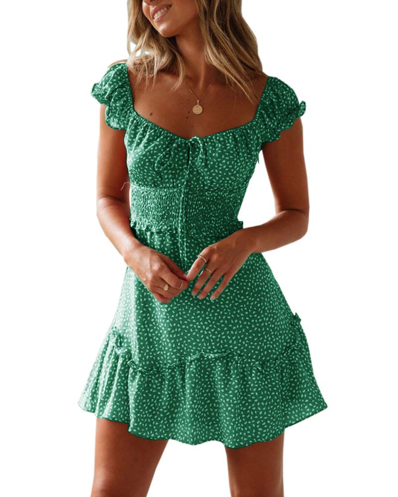 YOBECHO Womens Summer Ruffle Sleeve Sweetheart Neckline Printing Dress Mini Dresses