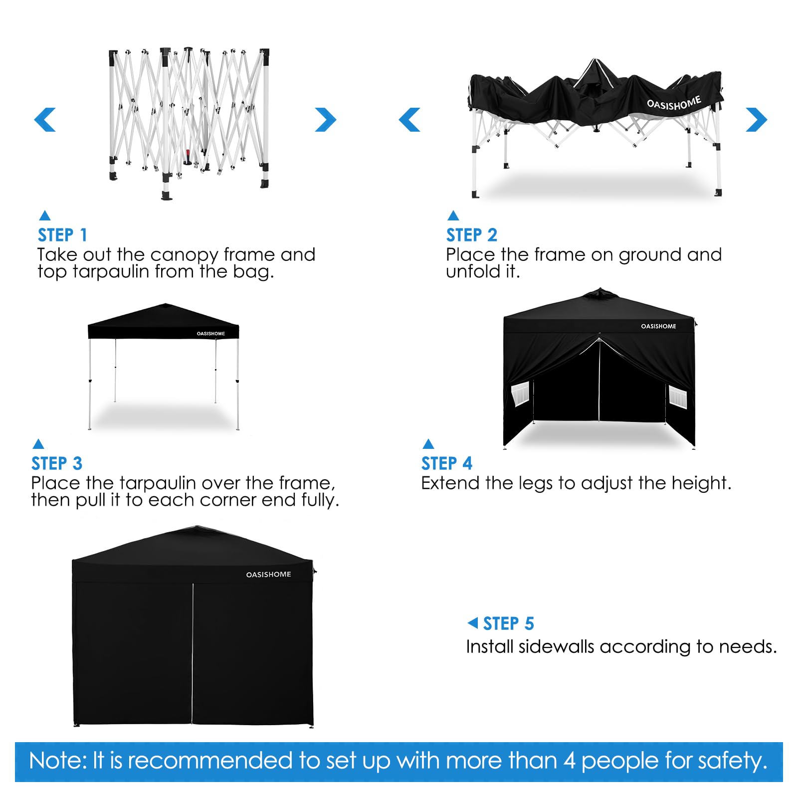 OASISHOME Canopy Tent 10'x10' Pop Up Gazebo with 1-Person Set Up, 4 Sidewalls, Wheeled Bag, Waterproof UV Protection Heavy-Duty Steel Frame Shelter for Patio Outdoor Wedding Party Event (Black,10x10)