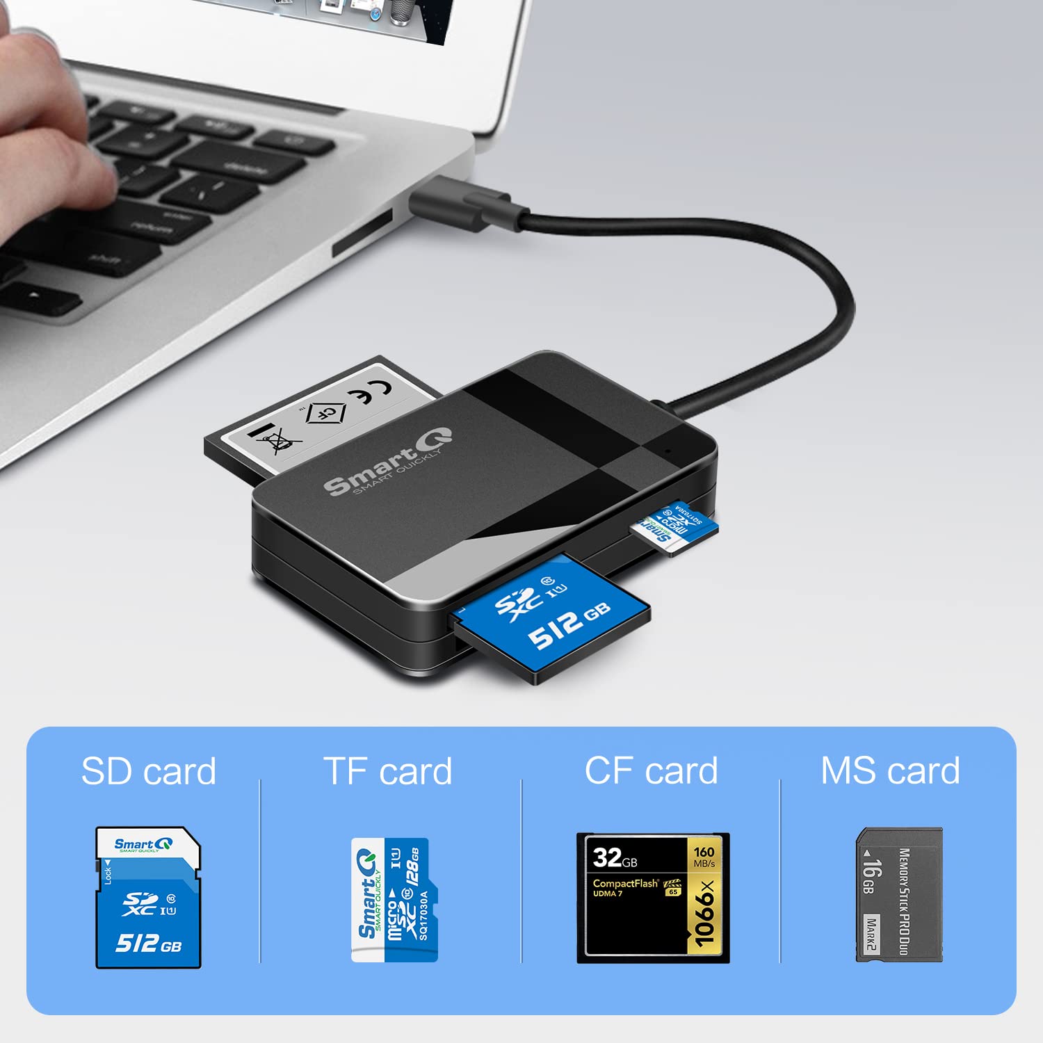 SmartQ C368 USB 3.0 Card Reader - Plug & Play, Compatible with Apple & Windows, Supports SD, Micro SD, MS, CF Cards