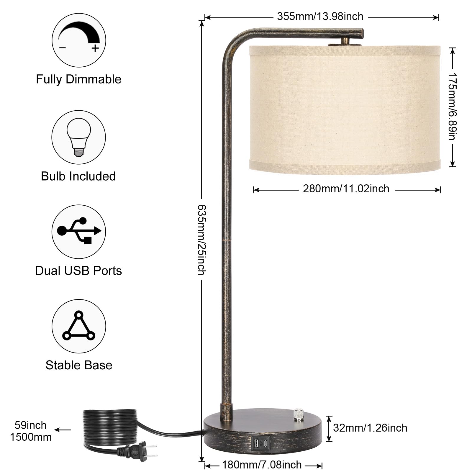 Table Lamps Set of 2, Fully Dimmable Bedside Lamp with USB C+A Charging Ports, Modern Nightstand Lamps with Linen Fabric Shades, Tall Desk Lamp for Bedroom, Living Room, Office, LED Bulb Included