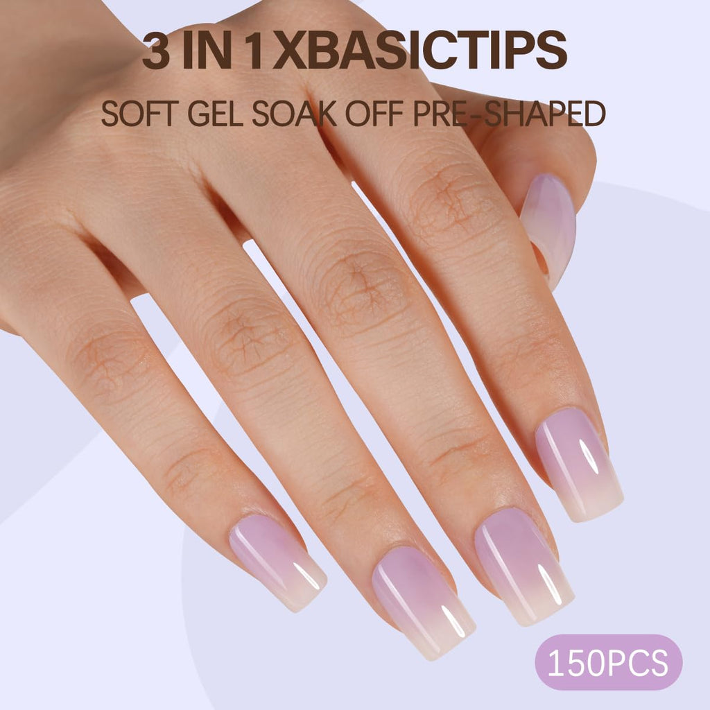 Misssix XBASICTIPS French Tip Press On Nails, 300Pcs French Gel Nail Tips Long Square, Soft Gel Pre-shaped No Need to File 3 in 1 Tips, Fake Nails for Nail Art DIY Extension Designs 15 Sizes