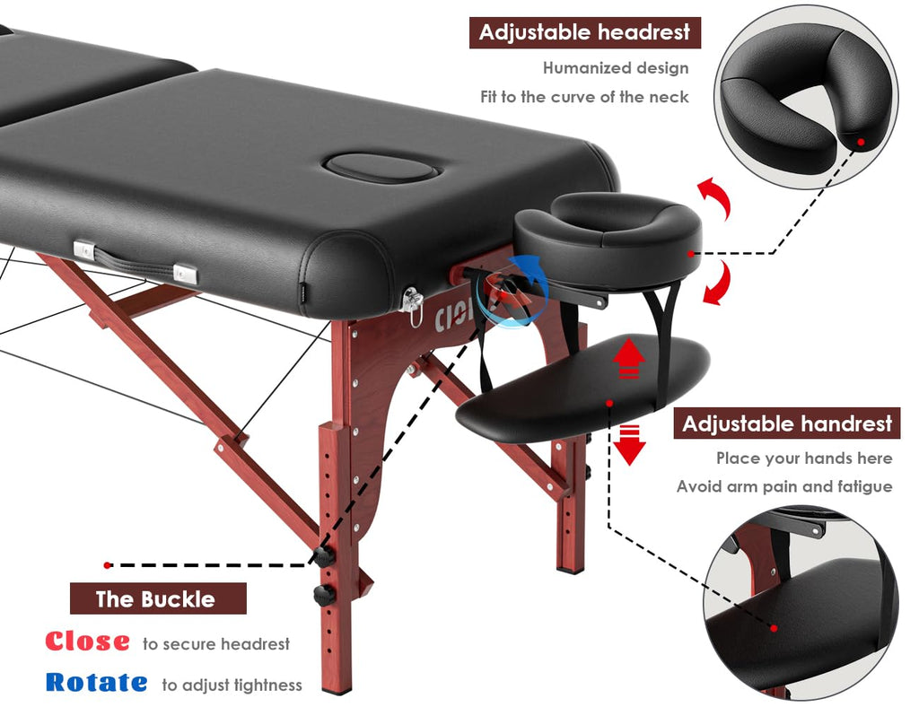 CLORIS 84" Professional Massage Table Portable Reinforced Wooden Leg 2 Folding Lightweight Spa Salon Tattoo Massage Bed Height Adjustable Hold Up to 1100LBS with Carrying Bag Black