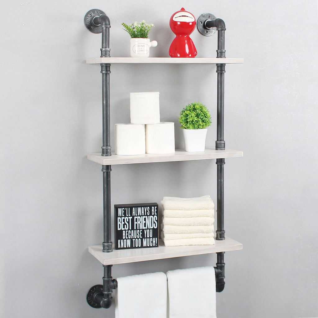 MBQQ Industrial Pipe Shelf Bathroom Shelves Wall Mounted,19.6in Rustic Wood Shelf with Towel Bar,1 Tier Farmhouse Towel Rack,Pipe Shelving Floating Shelves Towel Holder,Black & White