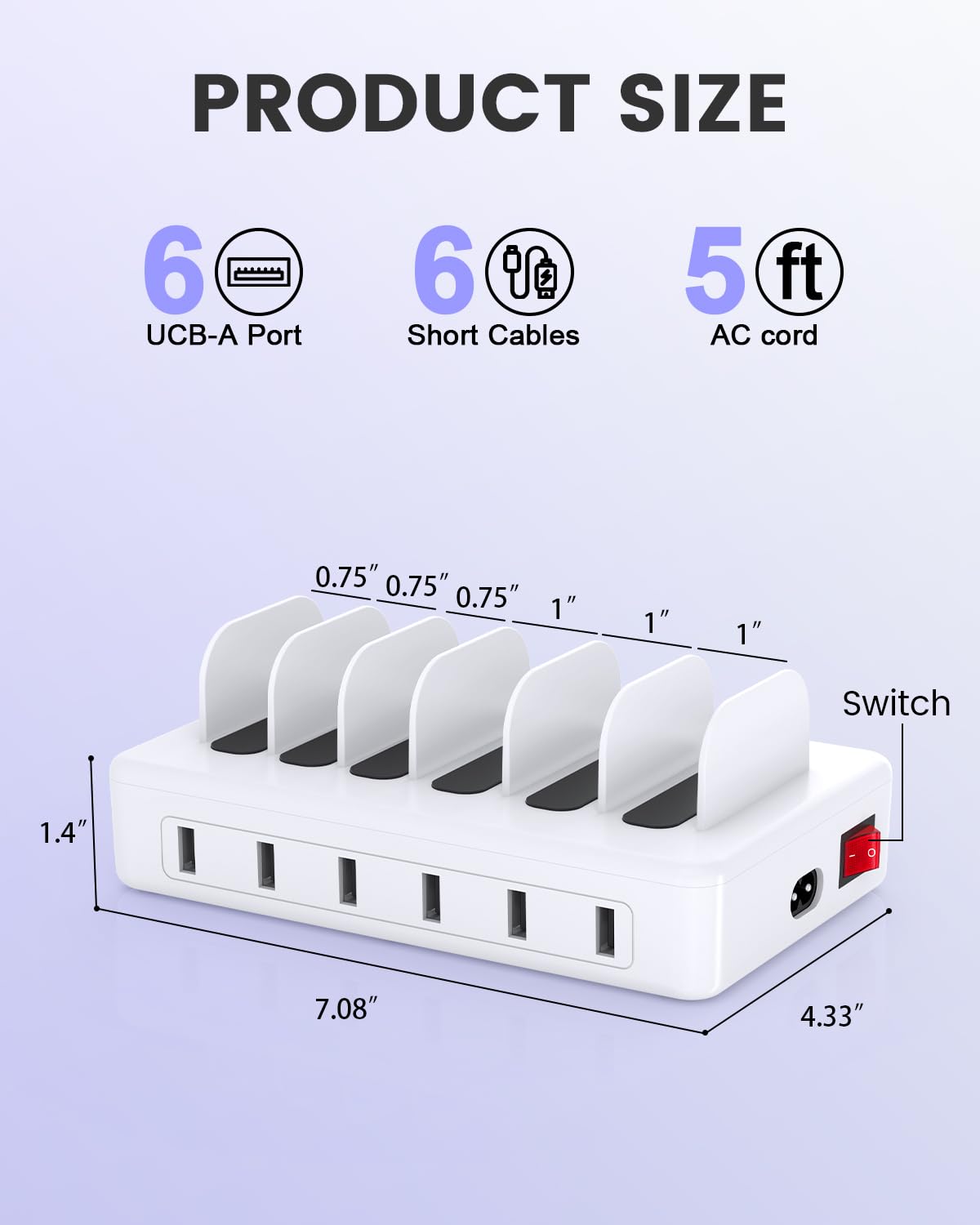 CREATIVE DESIGN 50W 6 Ports Multi Charger Station with 6 Charging Cables, USB Charging Dock for Multiple Devices, Compatible with Cellphone iPad Kindle Tablet and Other Electronic Devices