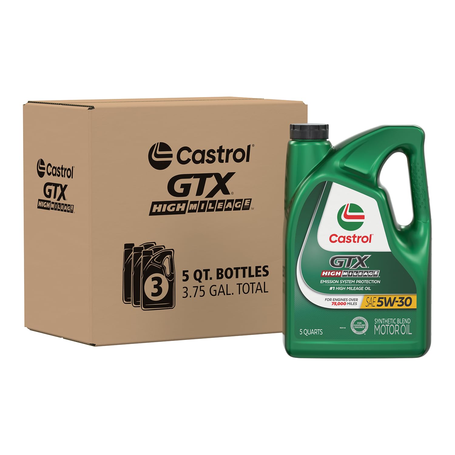 Castrol GTX High Mileage 5W-30 Synthetic Blend Motor Oil, 1 Quart, Pack of 6