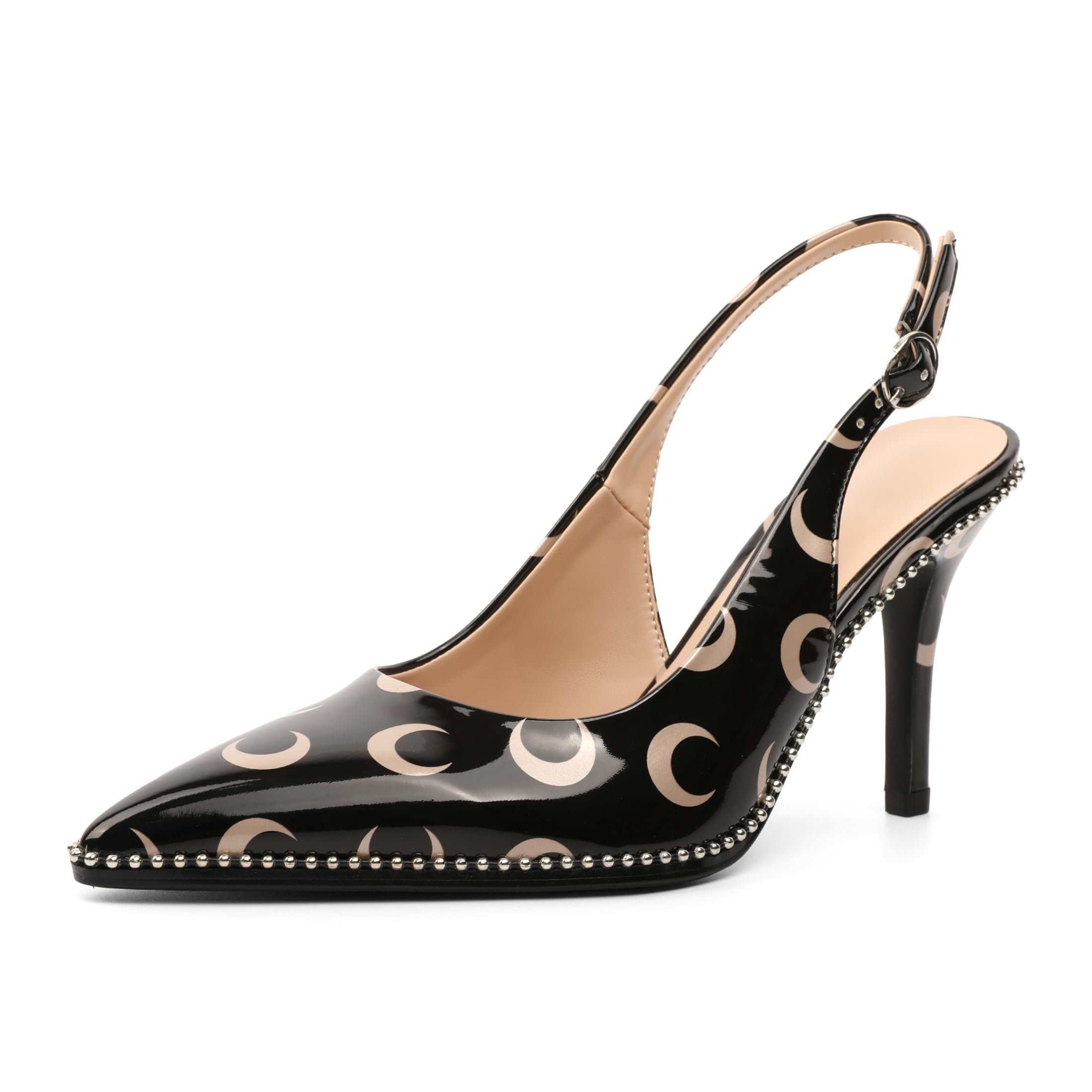 Zamikoo Women Beaded Pumps High Heel Slingback Pointed Toe Slip On 3.5 Inch Stilettos Ankle Strap Adjustable Buckle Patent Leather US Size 5 -Size 13